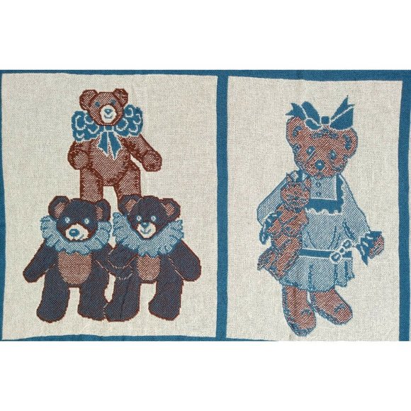 Tapestry Throw Blanket Vintage Teddy Bears Hearts MWW 1992 48" x 71" Fringe Blue - Picture 4 of 11